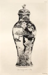 陶芸史：あらゆる時代と国々の陶器に関する記述的・哲学的研究：日本：菊牡丹系。 - 蓋付き壺「ポティッシュ」、獅子と水から跳び上がる鯉（図版III）