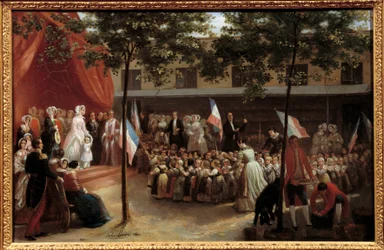 オルレアン公爵夫人Helene-Louise de Mecklenburg-Schwerin（1814-1858）とその息子であるパリ伯爵（1838-1894）がパリの精神病院の部屋（サン・イポリット通りの部屋？舞台上の二人の主人公は、慈善団体の子供たちと一緒に登場します。