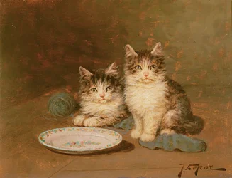 空のボウルを持つ2匹の子猫（パネルに油彩）