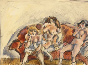 赤いソファの上の3人の女性（紙にトイレ）