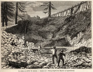 ジュール・ペルコックが、1850年から1852年にかけてのウォーガン男爵のカリフォルニア旅行の物語を説明するために描いたカリフォルニアの採掘場。パリの "Le tour du monde, nouveau journal des voyages "に掲載された版画。