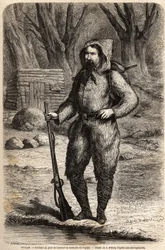 ドイツの探検家、アンリ（ハインリヒ）・バルト博士（1821-1865）の旅行服を着た肖像。ジュール・ペルコックによる、1849年から1855年にかけてのアンリ・バルト博士のアフリカ中央部への旅を描いたもの。Le tour du monde, nouveau journal des vo "に掲載された版画。