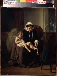 朝のトイレ（モーニングトイレ）。 母親（使用人？）が子供の着替えを手伝う。 Jules Treyer(1824-1908)による絵画。 キャンバスに油彩、47 x 39 cm