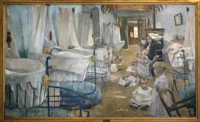 ベビーベッドの様子。ジュリー・デランス・フルガード（1859-1892）の絵画。油彩・キャンバス
