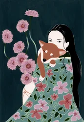 柴犬を抱いている女性