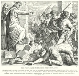 民衆はその偶像崇拝のために叩かれている（エングレービング