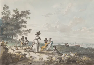 セント・ポールを遠景にしたロンドンの眺め。女性と子供、乳母車付き 1787年