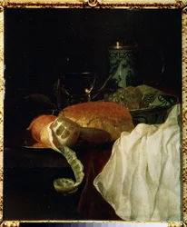 フルーツ、パン、ワイン (フルーツ、パン、ワイン)。 Jurlaen van Streeck (1632-1687) による絵画。 木に油彩、53 x 45 cm