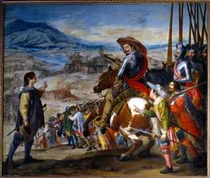 三十年戦争（1618-1648年）。「1638年にザクセン・ワイマールのベルナールがブリサックを攻略したとき」 ジュセペ・レオナルド（1601-1656）の絵
