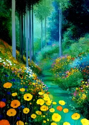 日差しが差し込む花の小道