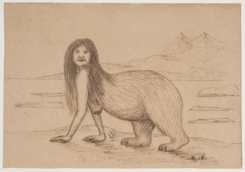 ホッキョクグマの体の後ろの部分を持つ女性 (イヌイットの伝説のイラスト)