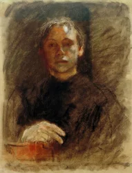 KätheKollwitz、右手で正面を向いた自画像