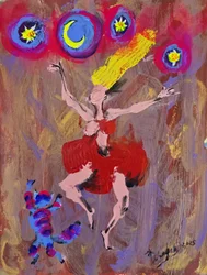 踊る女性、月、星