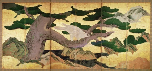 The Hawks in the Pines、6パネルのフォールディングスクリーン（ペンとインク、カラー、パネル上のゴールド）（216562を参照）