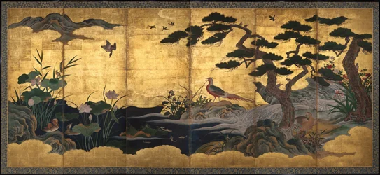 鳥と花、16世紀後半（紙にインク、色、金箔、金の斑点）