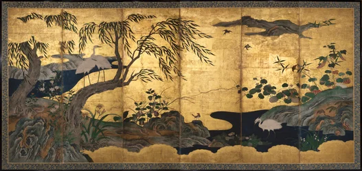 鳥と花、16世紀後半（紙にインク、色、金箔、金の斑点）
