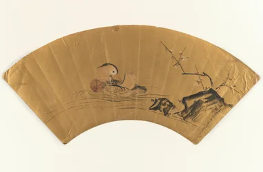 北京ダックと開花梅（金箔に墨と色）