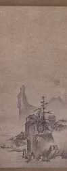 薄霧の山村（紙にインク）