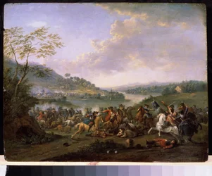 ""軍事小競り合い"" (Cavalry Skirmish) 戦闘中に戦う騎兵隊。 Karel Breydel (1678-1733) の絵画、モスクワ国立美術館 Arkhangelskoye Estate