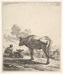 丘の中腹に牛と子牛がいる牛飼い、後ろから見た牛飼いは...、1658年に着席しました。