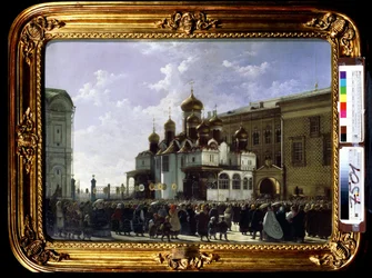 モスクワのマリア受胎告知大聖堂でのイースター行列。 Karl Petrovich Bodri (1812-1894) による絵画。 キャンバスに油彩、61 x 85 cm