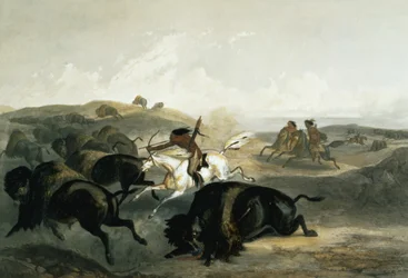 カールフォーゲル（1816-51）1844（アクアチント）によって彫刻された「北アメリカの内陸の旅」のボリューム2のプレート31、バイソンを狩るインディアン