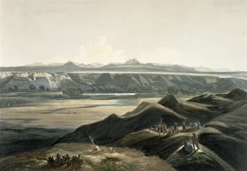 ロッキー山脈の眺め、「北アメリカの内部の旅」のボリューム2のプレート44、Sigismond Himely（1801-72）1844（aquatint）によって彫刻