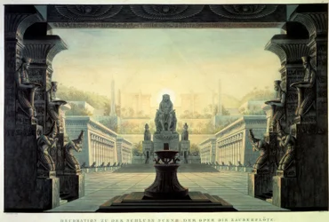 劇場の装飾ヴォルフガング・アマデウス・モーツァルトがエマニュエル・シカネーダーの台本をもとに制作したオペラ「魔法の笛（Die Zauberflote）」の装飾。カール・シンケル（1781-1841）のドローイング