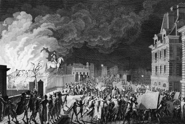 フランス革命の最初の出来事。1788年8月29日、パリのポン・ヌフでの衛兵隊の火災。ジラルデによる図面と彫刻。パリ、革命史研究所の図書館
