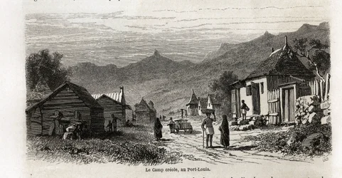 1861年にアルフレッド・ヴェルニーがモーリシャスに滞在した際に描いたカール・ジラルデ（1813-1871）によるポートルイスのクレオール陣営の絵。エドゥアール・シャルトン編集の『Le tour du monde』に掲載されている図版