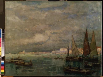 「ベニスのラグーンに浮かぶ帆船の眺め」 (Blick auf Venedig mit Segelbooten)。 Karl (Carl) Hagemeister (1848-1933) による絵画 1926 Dim. 51x71 cm Mikalojus Konstantinas Ciurlionis Fine Arts Museum、カウナス、リトアニア
