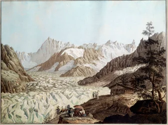 アルプスのシャモニーに近いアヴェール山の氷の海の眺め カール・ハッケルト（1740-1800）（ec.all.）によるイラスト 1781年 フランクフルト。Stadelsches Kunstinstitut