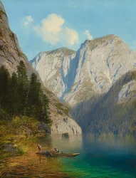 山の湖のほとりに海で漁師。 1882