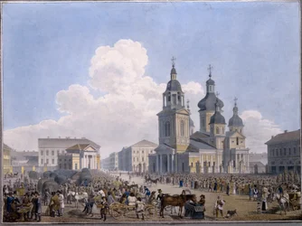 サンクトペテルブルクの干し草の市場と被昇天教会 - カール・ペトロヴィッチ・ベグロフ (1799-1875) 作、紙に水彩 (10.3x15,1 cm)、1820-1830 - 国営ロシア
