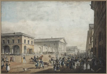 サンクトペテルブルクのサドヴァヤ通りの眺め - カール・ペトロヴィッチ・ベググロフ（1799-1875）。リトグラフ、水彩画