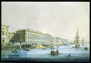 サンクトペテルブルクの宮殿堤防の眺め。 Karl Petrovich Beggrov (1799-1875) による絵画。 紙に水彩とインク、1830 年頃、19 世紀のロシア美術、古典主義。 国立ロシア美術館、聖ペトロ