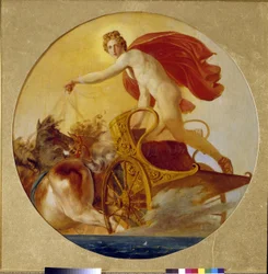 太陽の戦車を運転するフィーバス (太陽の馬を運転するフィーバス)。 Karl Pavlovich Briullov (Bryullov) (1499-1852) による絵画、キャンバスに油彩。 19世紀ロシアの芸術、ロマン主義。 国立ロシア美術館、サンクトペテルブルク。