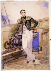 Vladimir Alekseevich Kornilov 1806-1854) はブリッグ Themistocle に乗っています。 （ブリッグテミストクレスに乗ったウラジミール・アレクセイヴィッチ・コルニーロフ）。 クリミア戦争の英雄である海軍将校と黒海艦隊の参謀長 (1853-1856) が立っています。