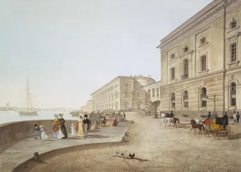 1824年の古いエルミタージュ建築のそばのネヴァ川堤防の眺め