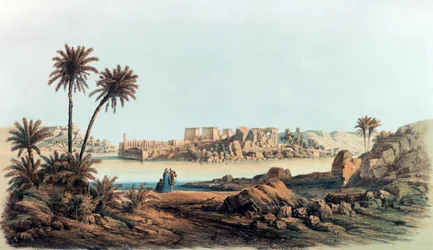 フィラエの眺め」。カール・リヒャルト・レプシウス（1810-1884）プロイセンのエジプト学者によるリトグラフ。ナイル川を挟んでフィラエ島の神殿を望む。