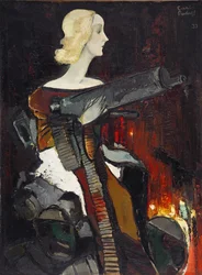 ""Madone de la mitraillette"" (機関銃を持ったマドンナ) Peinture de Karlis Padegs (1911-1940) - 1932 - キャンバスに油彩 薄暗い 134x100 cm ラトビア共和国国立美術館、リガ レットニエ
