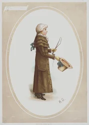 茶色のロングコートを着て、かつらをかぶり、帽子と狩猟用の鞭を持った少年（カラーリトグラフ