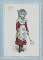 シャトルコックとラケットを持ったドレスとボンネットの少女（カラーリソグラフ