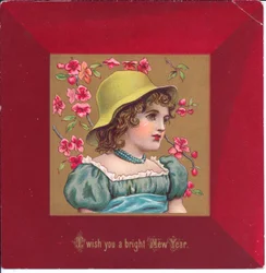 1880年頃の花の花束を持った摂政服に身を包んだ少女のビクトリア朝のクリスマスカード