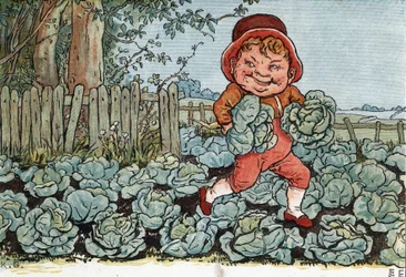 菜園からキャベツを盗むノーム。A Goblin Stealing Cabbages）と書かれています。ケイト・グリーナウェイ（1846-1901）のイラスト。エドモンド・エヴァンス編『Under The Window』（1879年）に収録されている童話・童謡集より。