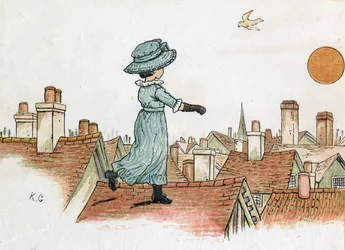 早朝の街の屋根の上を、太陽に向かって歩く少女。ケイト・グリーナウェイ（1846-1901）による挿絵。エドモンド・エヴァンス編集の童話・童謡集『Under The Window』（1879年）より。