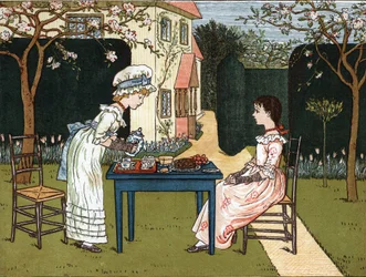 時間帯：二人の若い女の子が庭で味わっている。ケイト・グリーナウェイ（1846-1901）によるイラスト。エドモンド・エヴァンス編集の童話・童謡集「Under The Window」（1879年）より。