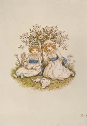 19世紀のバラの茂みの下に座っている人形を持つ2人の女の子