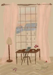 パリの窓辺の風景を描いたイラストと素朴なデスク