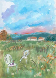 水彩画　濃いピンクの夕焼け